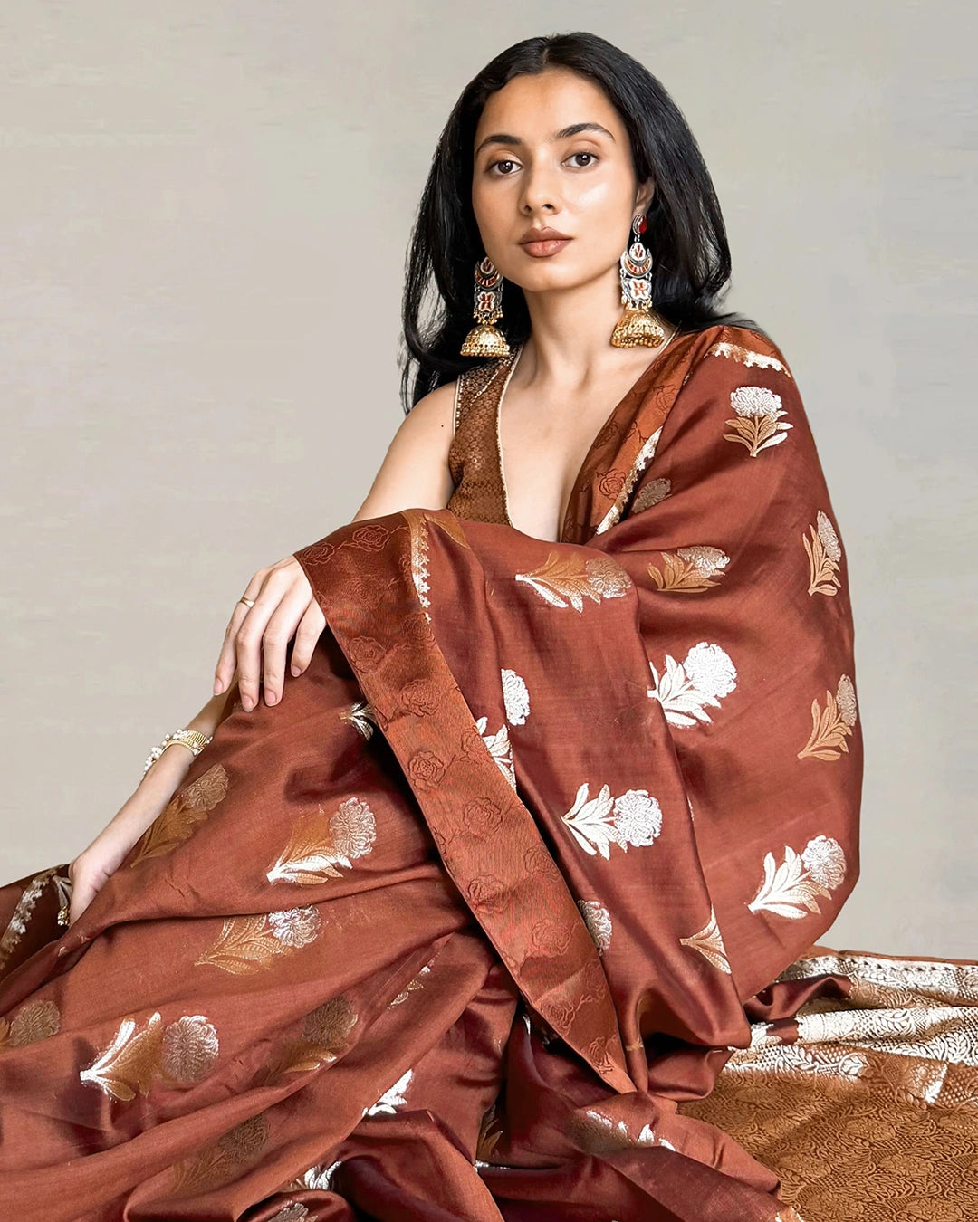 Brown Pure Banarasi Saree with Floral Buta Weaves