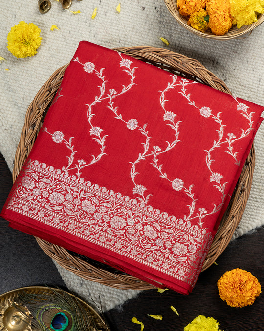 Blazing Red Pure Banarasi Silk Saree with Timeless Floral Detailing