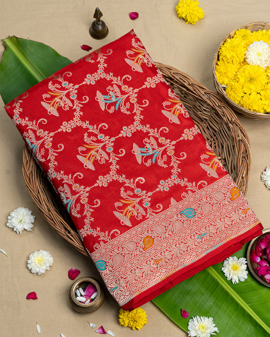 Red Pure Katan Saree with Intricate Meenakari Jaal Craftsmanship