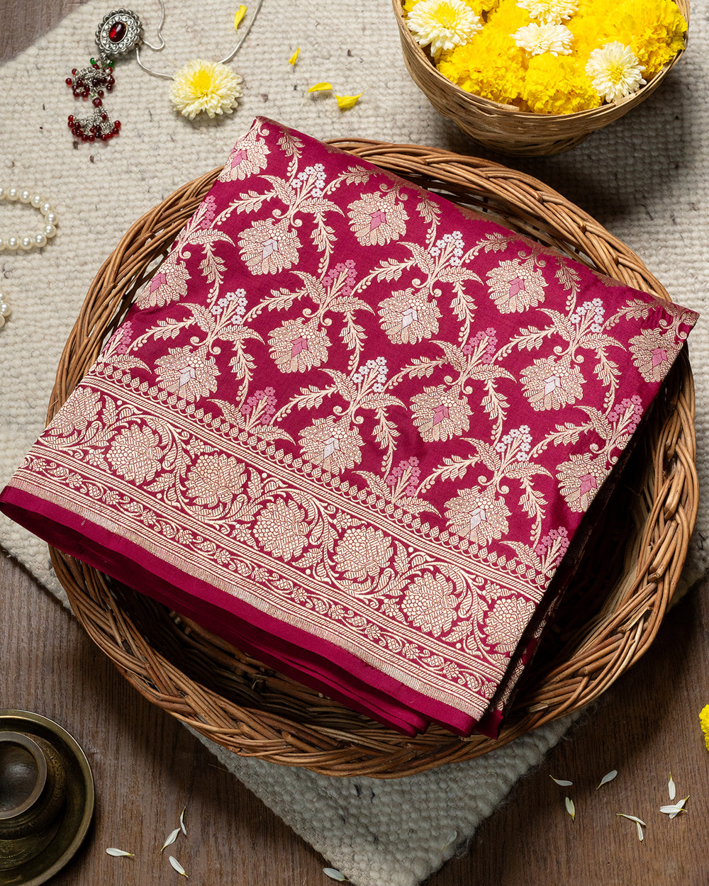 Mystique Maroon Banarasi Katan Silk Saree Accentuated With Meenakari Floral Garden Artistry