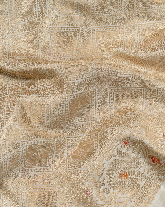 Cream Pure Banarasi Saree with Multicolour Floral Butidar Weaves
