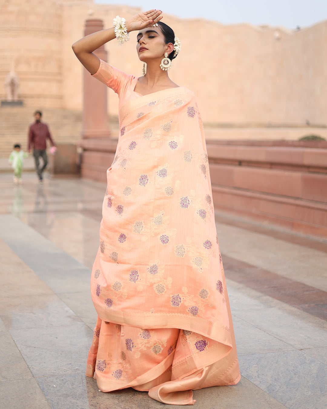 Peach Blossom Pure Banarasi Silk Saree with Luxurious Embellishments Accents