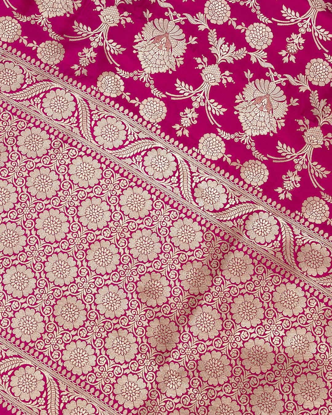 Magenta Pink Katan Saree with Handwoven Mughal Zari Floral Trellis