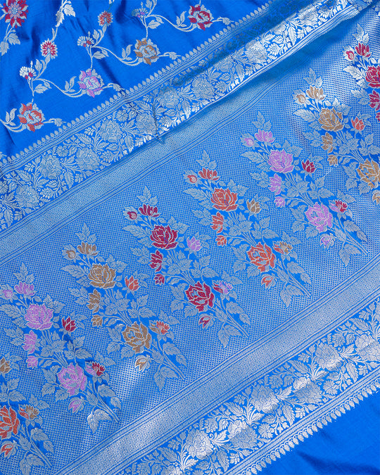 Blue Pure Banarasi Saree with Multicolor Meenakari Weaves with Rich Pallu