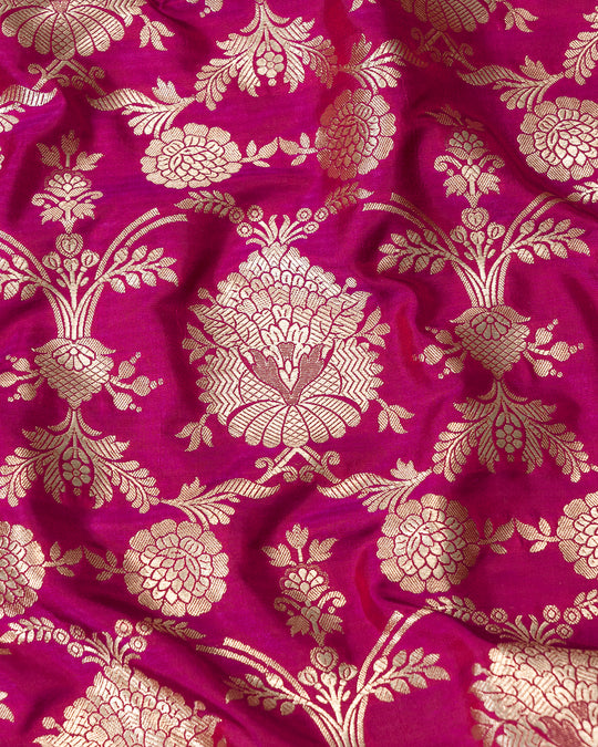 Magenta Pink Katan Saree with Handwoven Mughal Zari Floral Trellis