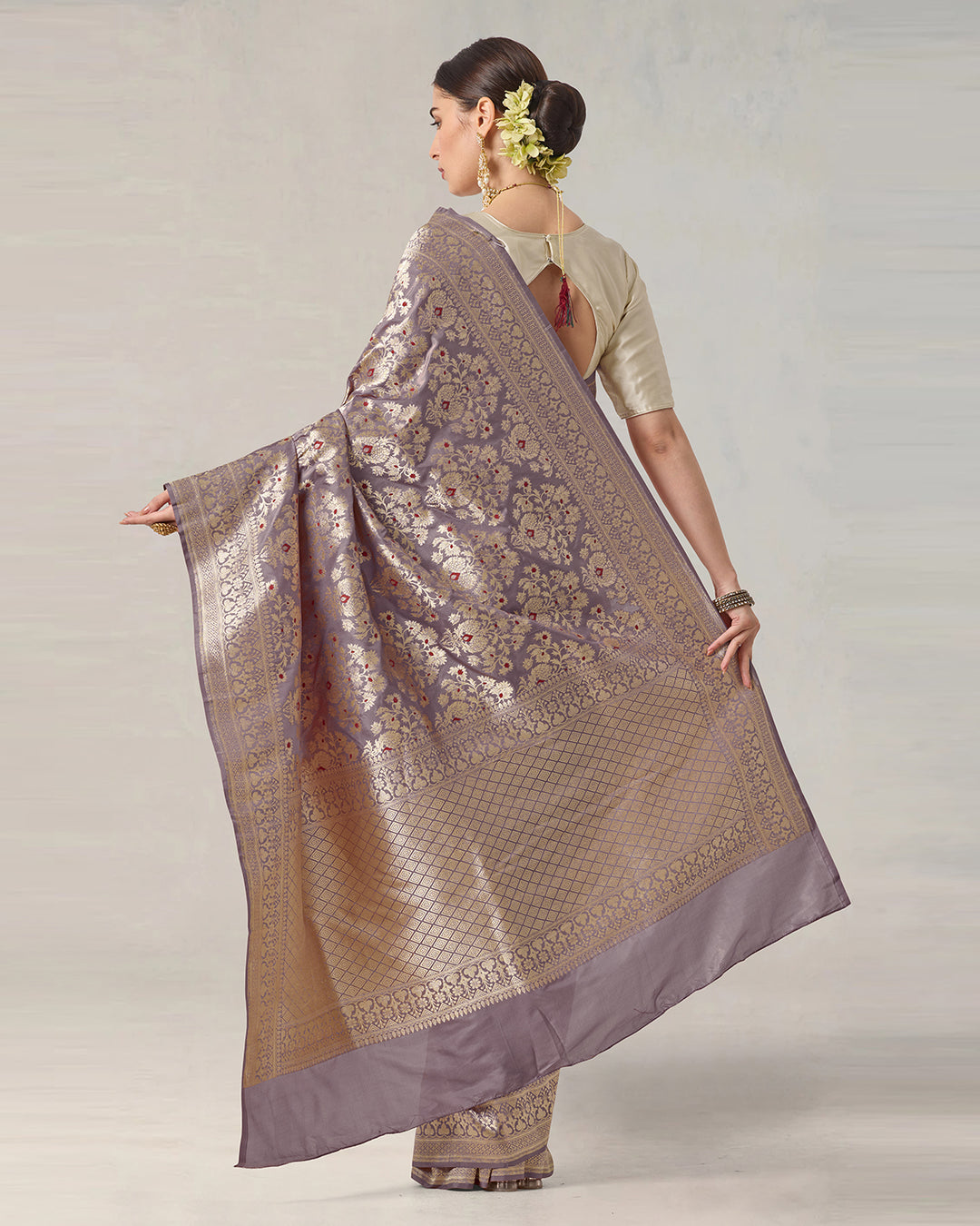 Dusty Lilac Pure Katan Saree with Luxurious Zari Jaal and Floral Grandeur