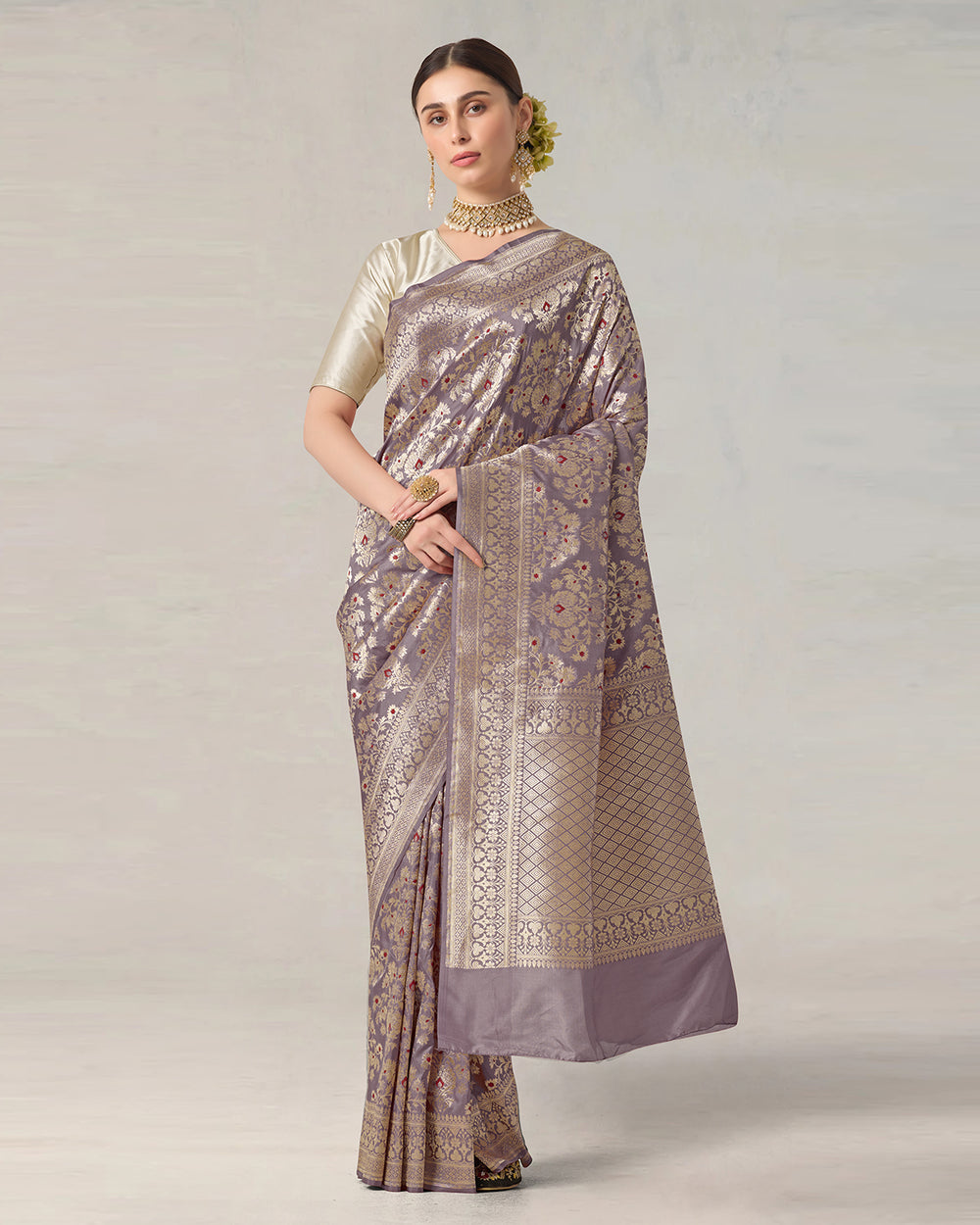 Dusty Lilac Pure Katan Saree with Luxurious Zari Jaal and Floral Grandeur
