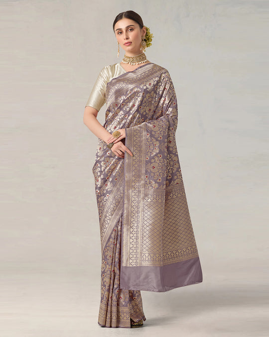 Dusty Lilac Pure Katan Saree with Luxurious Zari Jaal and Floral Grandeur