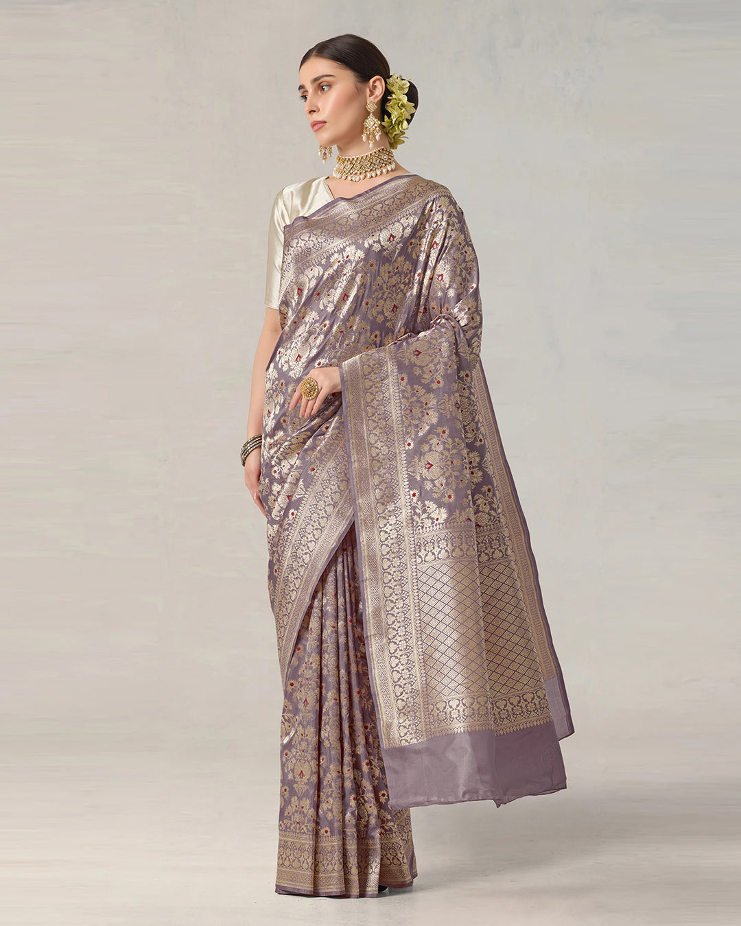 Dusty Lilac Pure Katan Saree with Luxurious Zari Jaal and Floral Grandeur