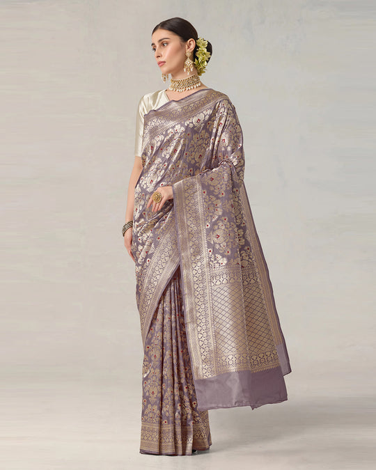 Dusty Lilac Pure Katan Saree with Luxurious Zari Jaal and Floral Grandeur