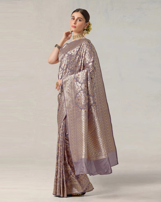 Dusty Lilac Pure Katan Saree with Luxurious Zari Jaal and Floral Grandeur