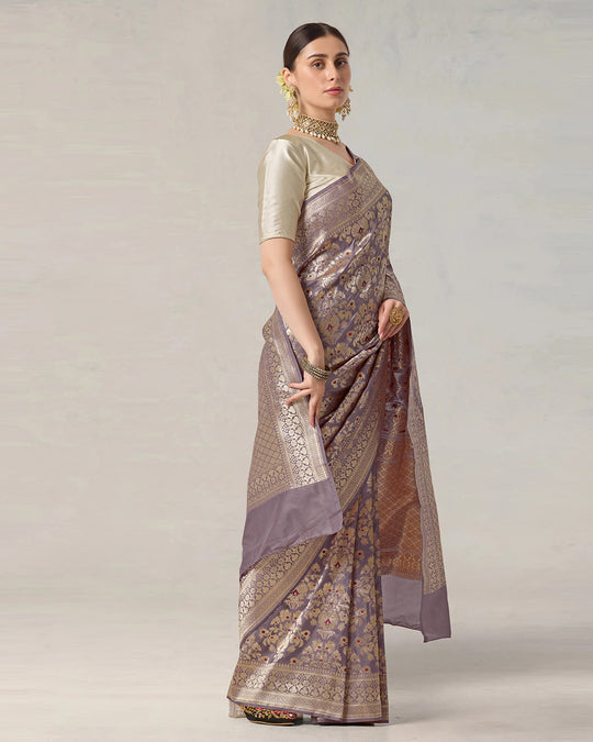 Dusty Lilac Pure Katan Saree with Luxurious Zari Jaal and Floral Grandeur