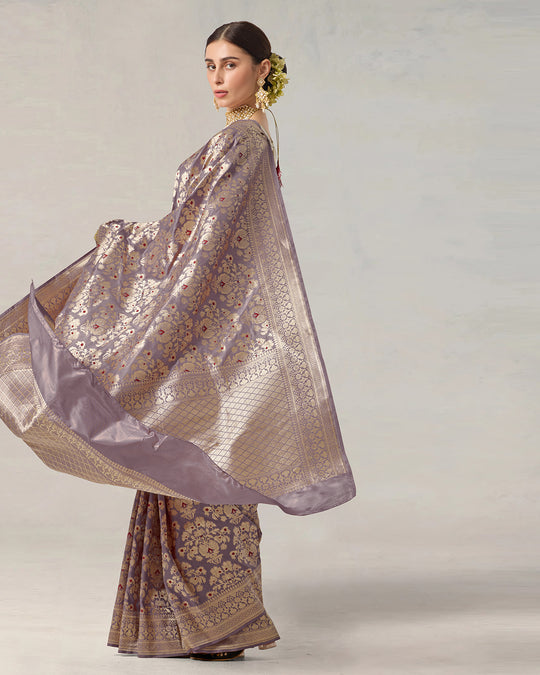 Dusty Lilac Pure Katan Saree with Luxurious Zari Jaal and Floral Grandeur