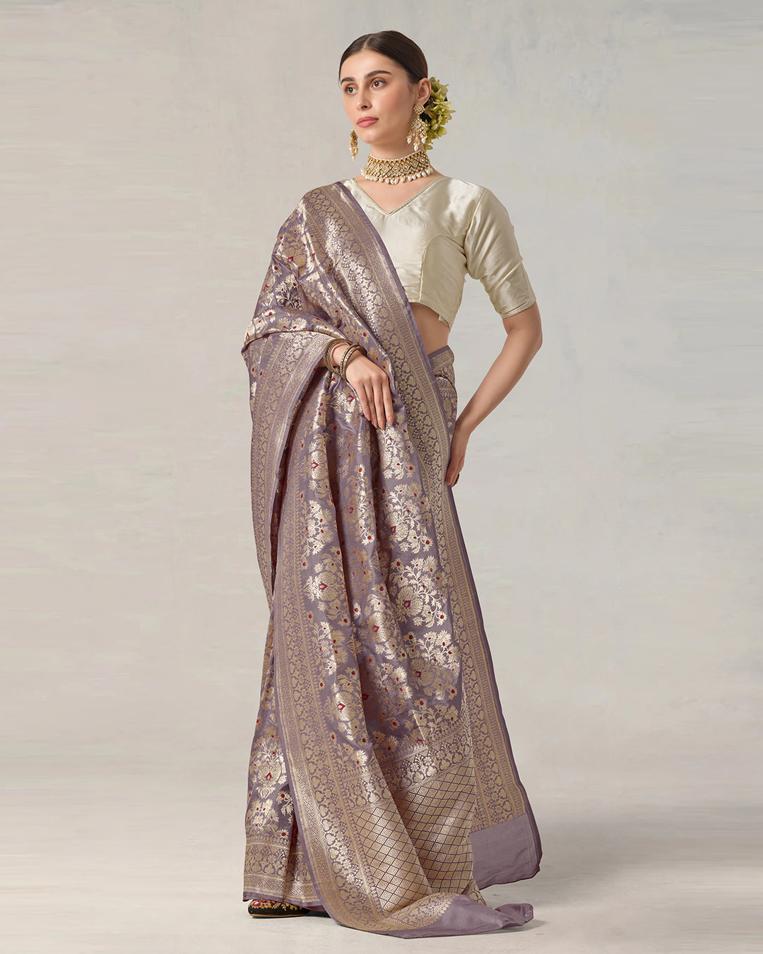 Dusty Lilac Pure Katan Saree with Luxurious Zari Jaal and Floral Grandeur