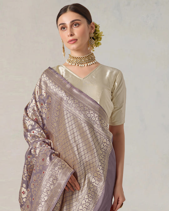 Dusty Lilac Pure Katan Saree with Luxurious Zari Jaal and Floral Grandeur