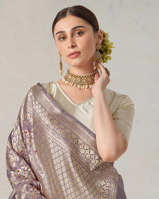 Dusty Lilac Pure Katan Saree with Luxurious Zari Jaal and Floral Grandeur