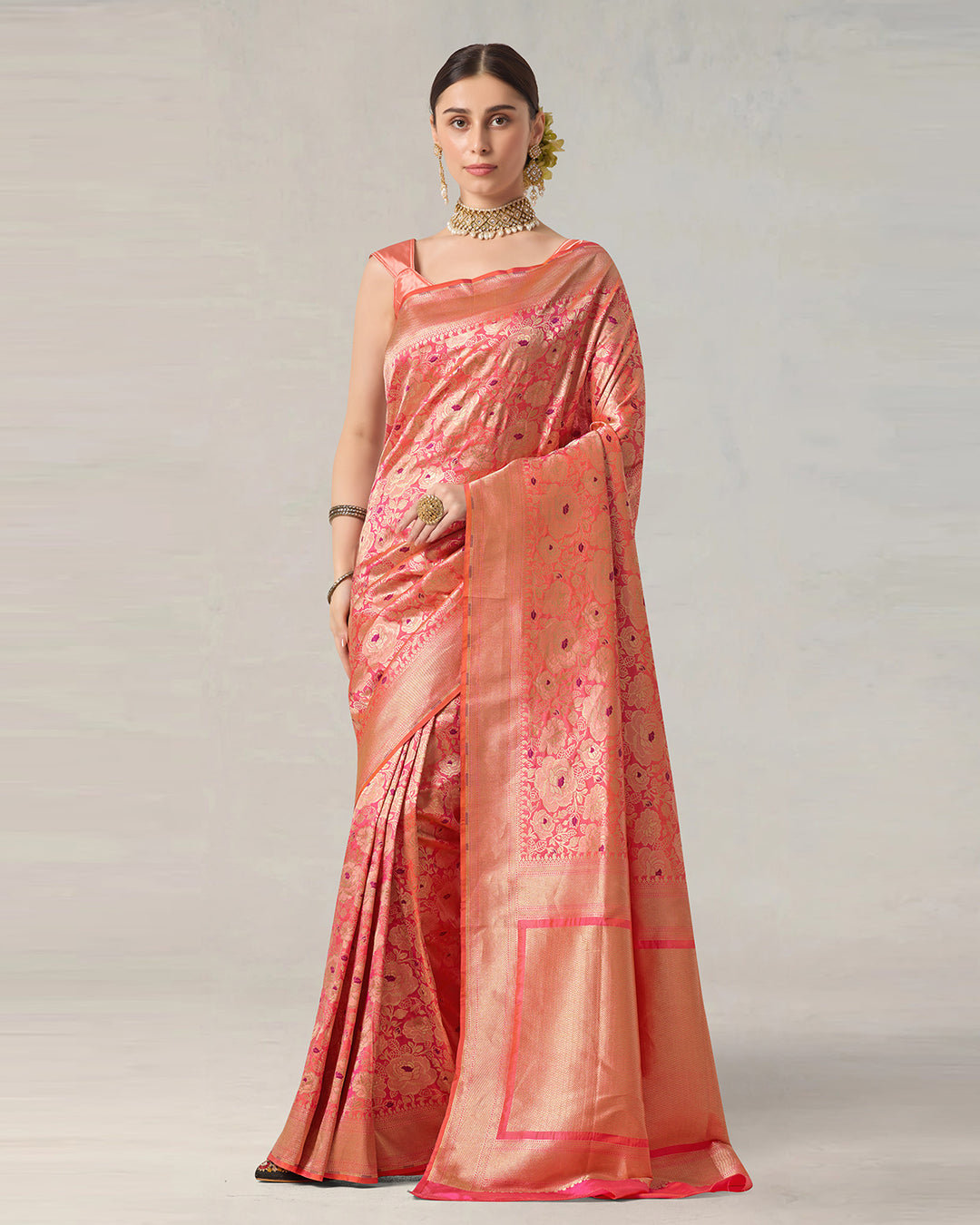 Pink Aura Pure Katan Saree with Floral Jaal and Heritage Zari Weaves