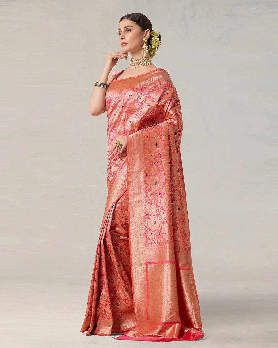 Pink Aura Pure Katan Saree with Floral Jaal and Heritage Zari Weaves
