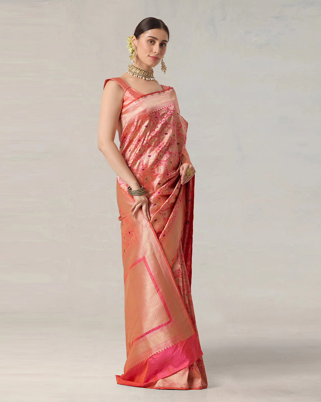 Pink Aura Pure Katan Saree with Floral Jaal and Heritage Zari Weaves