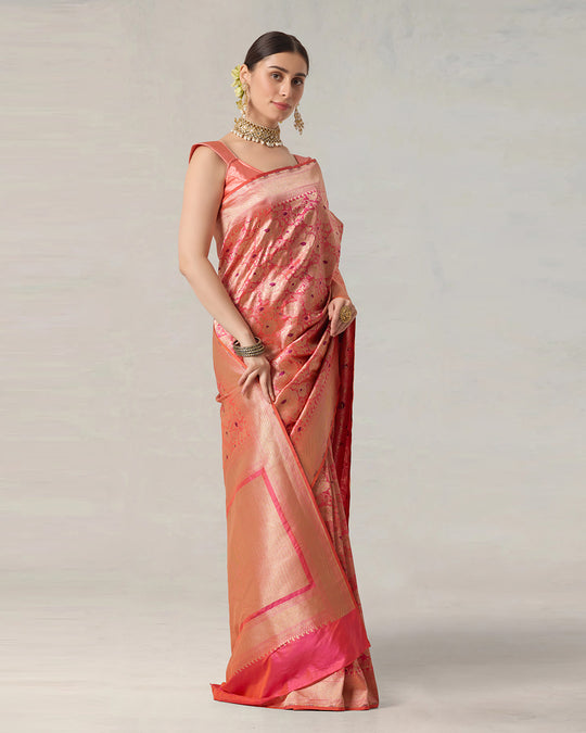 Pink Aura Pure Katan Saree with Floral Jaal and Heritage Zari Weaves