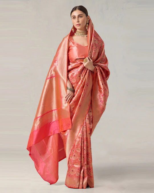 Pink Aura Pure Katan Saree with Floral Jaal and Heritage Zari Weaves