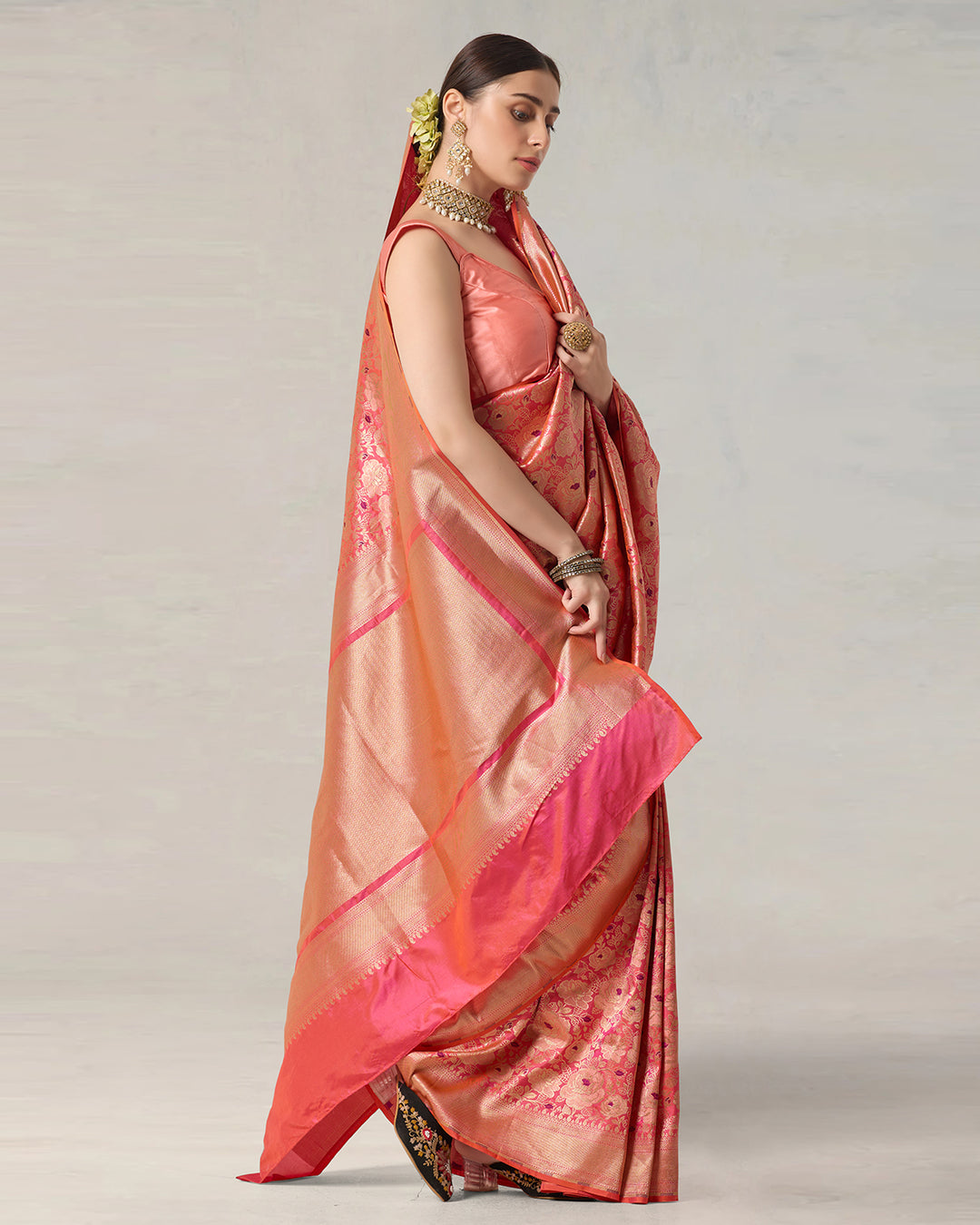 Pink Aura Pure Katan Saree with Floral Jaal and Heritage Zari Weaves