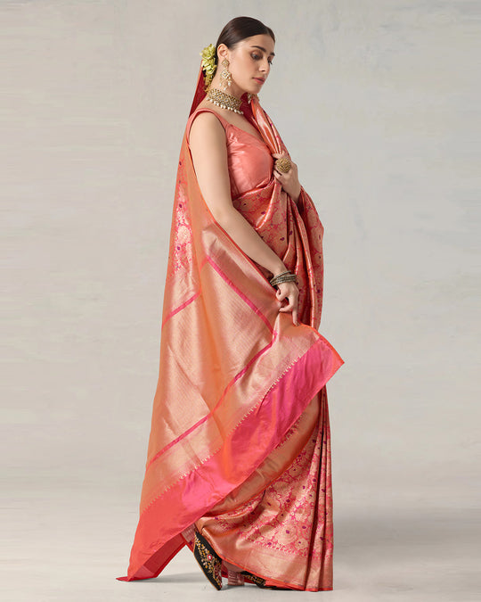 Pink Aura Pure Katan Saree with Floral Jaal and Heritage Zari Weaves