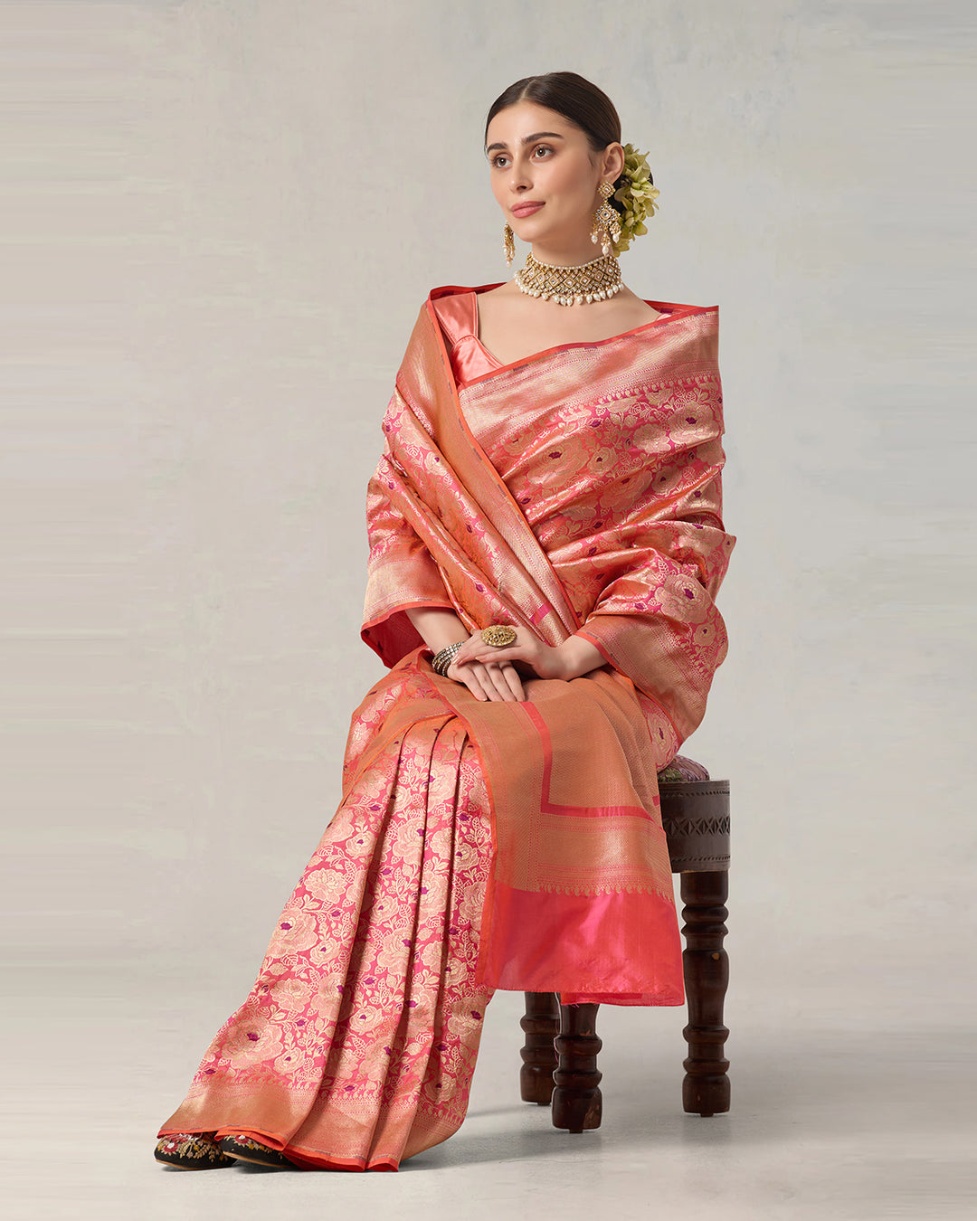 Pink Aura Pure Katan Saree with Floral Jaal and Heritage Zari Weaves