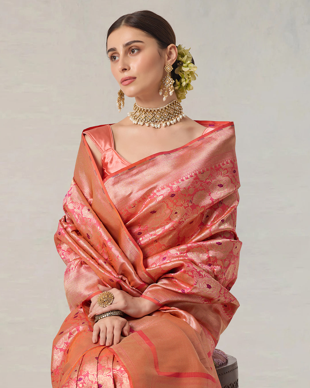 Pink Aura Pure Katan Saree with Floral Jaal and Heritage Zari Weaves