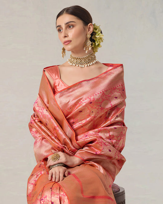 Pink Aura Pure Katan Saree with Floral Jaal and Heritage Zari Weaves