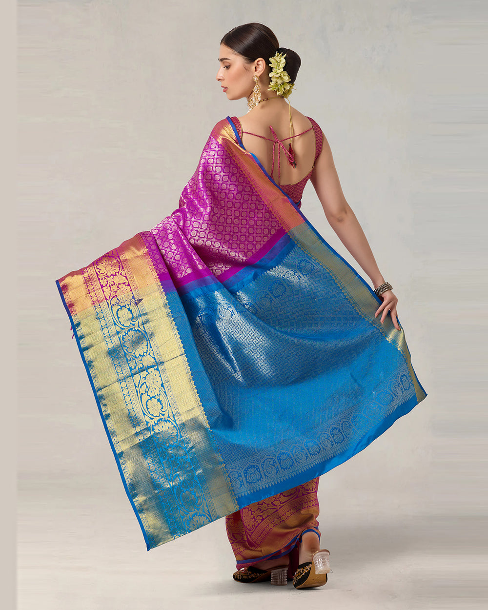 Fuchsia Magenta Pure Kanjivaram Silk Saree with Regal Blue Contrast Border