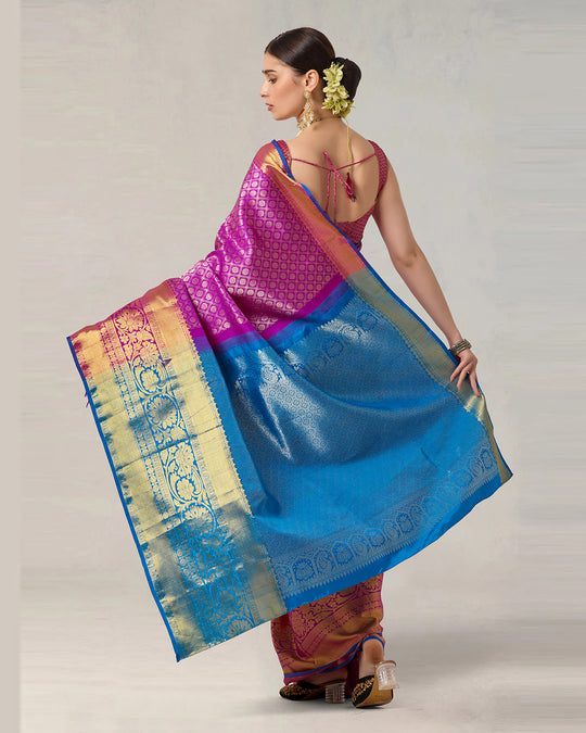 Fuchsia Magenta Pure Kanjivaram Silk Saree with Regal Blue Contrast Border