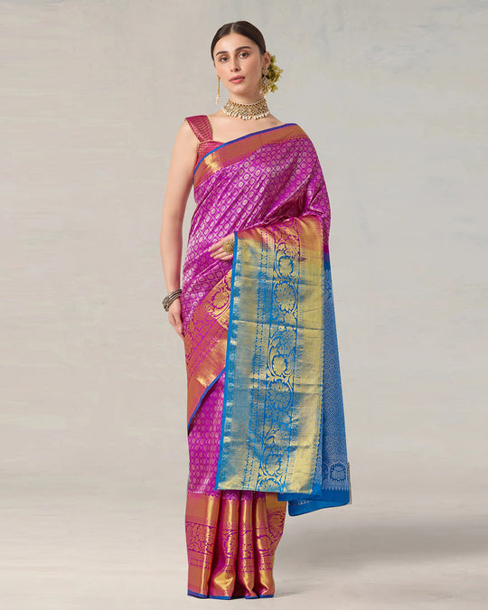 Fuchsia Magenta Pure Kanjivaram Silk Saree with Regal Blue Contrast Border