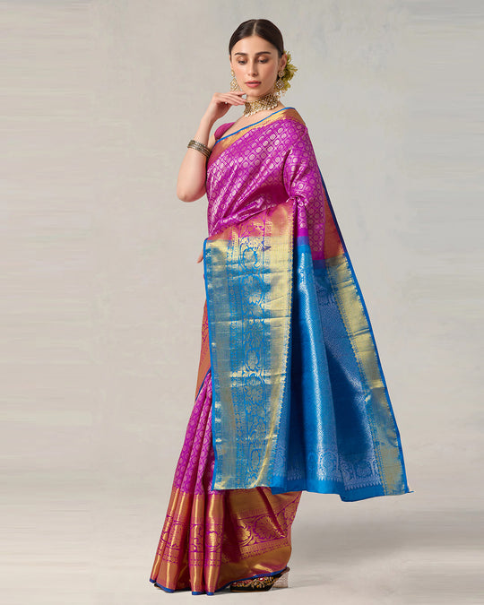 Fuchsia Magenta Pure Kanjivaram Silk Saree with Regal Blue Contrast Border