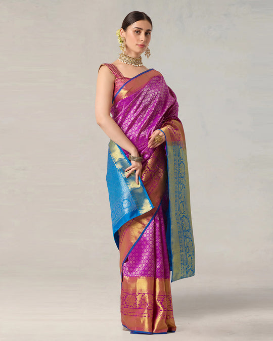 Fuchsia Magenta Pure Kanjivaram Silk Saree with Regal Blue Contrast Border