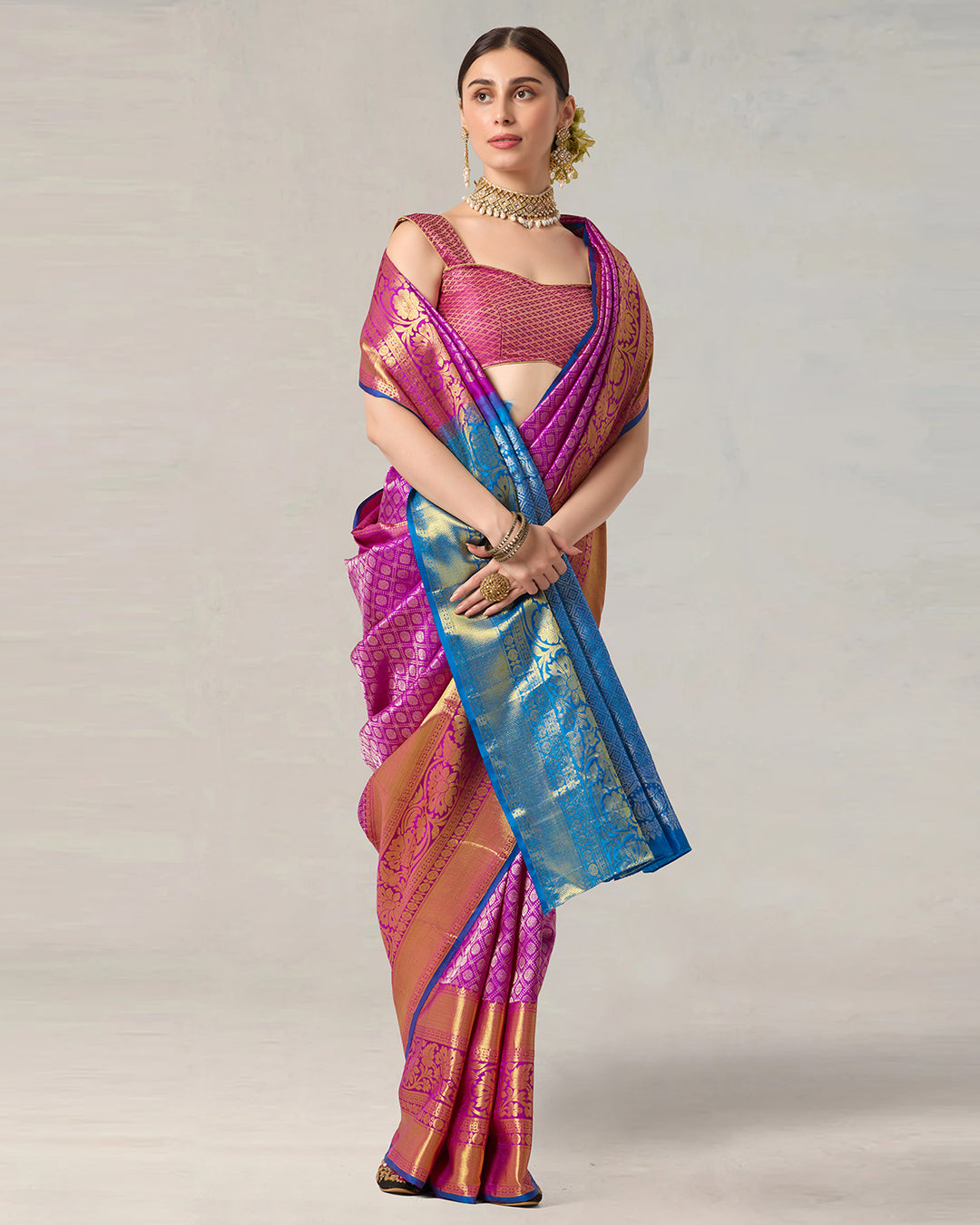 Fuchsia Magenta Pure Kanjivaram Silk Saree with Regal Blue Contrast Border