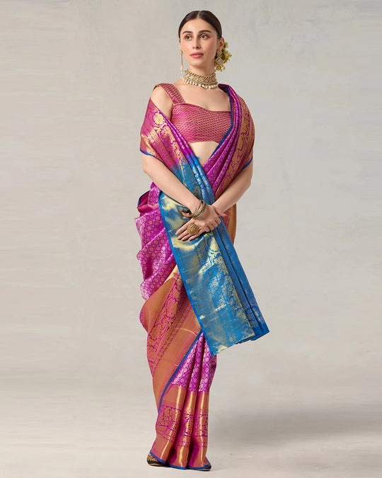 Fuchsia Magenta Pure Kanjivaram Silk Saree with Regal Blue Contrast Border