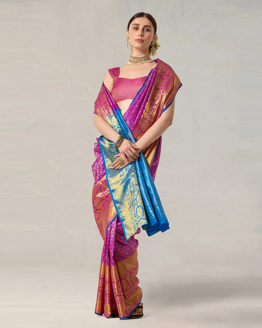 Fuchsia Magenta Pure Kanjivaram Silk Saree with Regal Blue Contrast Border