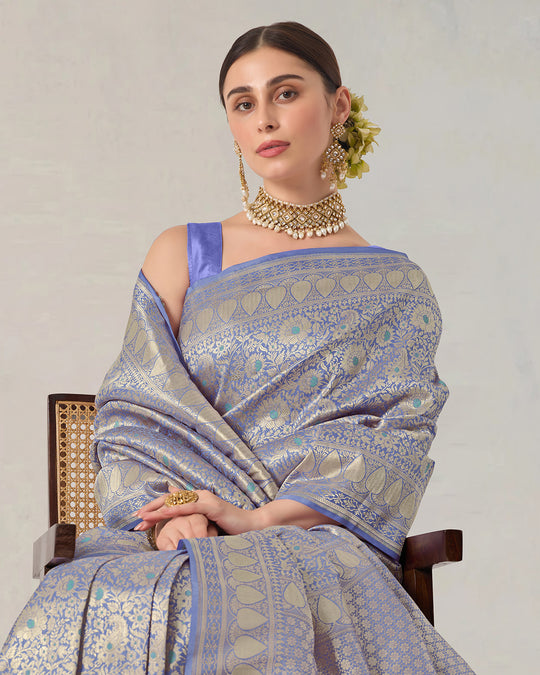 Lavender Pure Katan Saree with Zari Motif Weaving & Rich Pallu