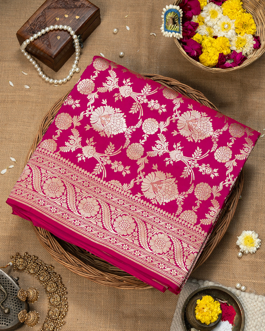 Magenta Pink Katan Saree with Handwoven Mughal Zari Floral Trellis