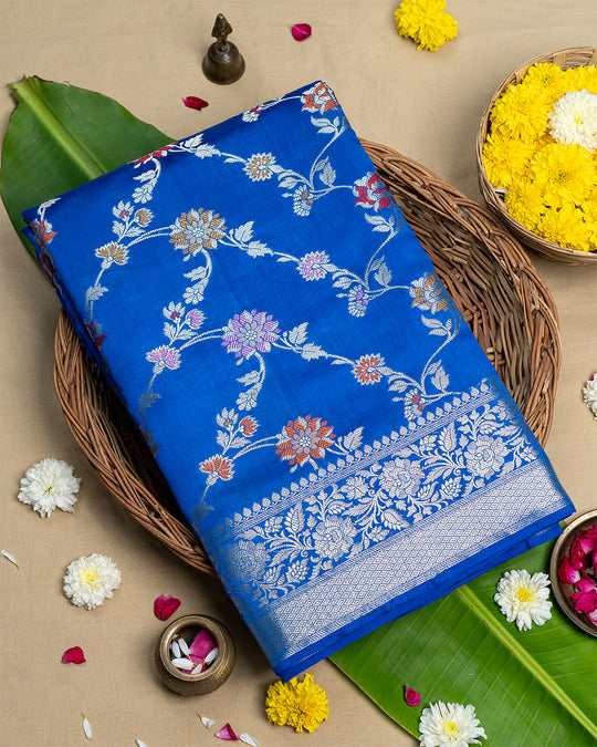 Blue Pure Banarasi Saree with Multicolor Meenakari Weaves with Rich Pallu