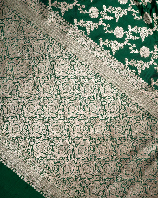 Ethereal Green Banarasi Katan Silk Saree With Nature's Symphony In Sumptuous Zari Jaal