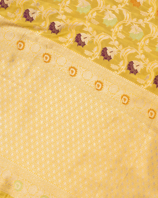 Golden Blossom Tapestry – Yellow Pure Katan Silk Saree with Artistic Meenakari Florals