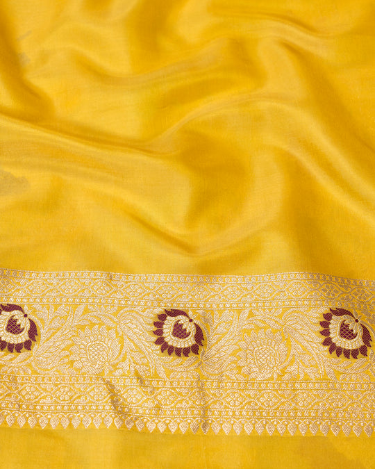 Golden Blossom Tapestry – Yellow Pure Katan Silk Saree with Artistic Meenakari Florals