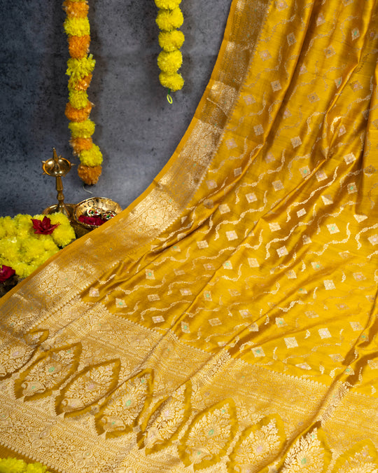 Mustard Yellow Jaal Handwoven Banarasi Silk Saree