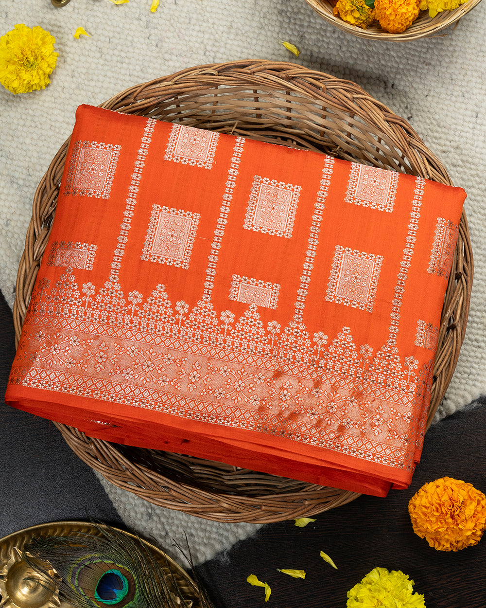 Vibrant Orange Pure Banarasi Silk Saree with Intricate Legacy and Timeless Heritage Accents