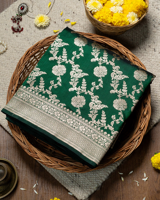 Ethereal Green Banarasi Katan Silk Saree With Nature's Symphony In Sumptuous Zari Jaal