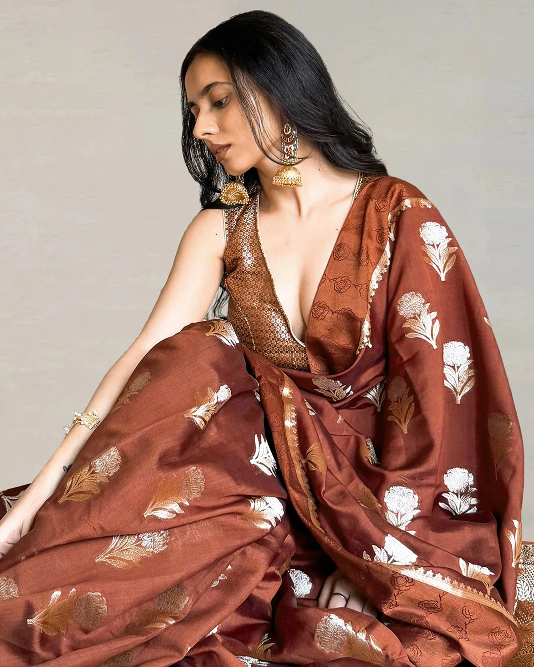 Brown Pure Banarasi Saree with Floral Buta Weaves