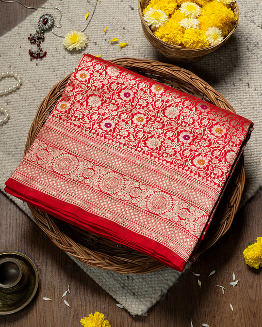 Gul-e-gulzaar Red Banarasi Katan Silk Saree With Captivating Multicoloured Booti Motifs Craftsmanship