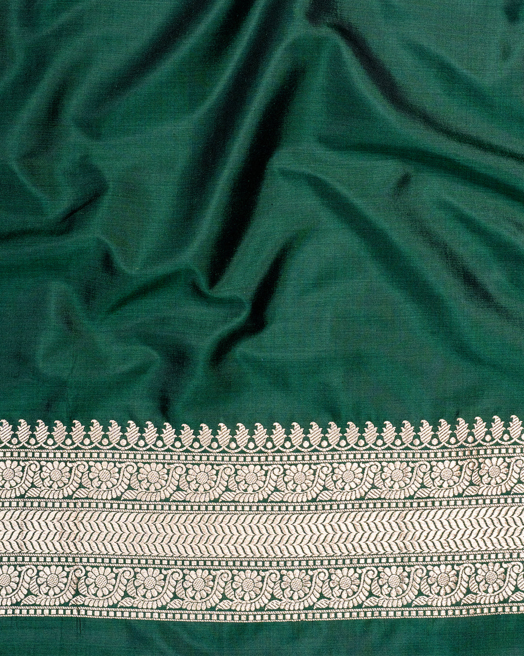 Baghbaan Emerald Green Handloom Silk Saree With Radiant Floral Zari Highlights